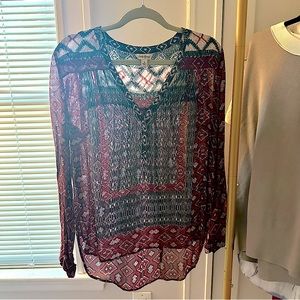 Lucky Brand Sheer Boho Multicolor Long Sleeve Blouse Size Small